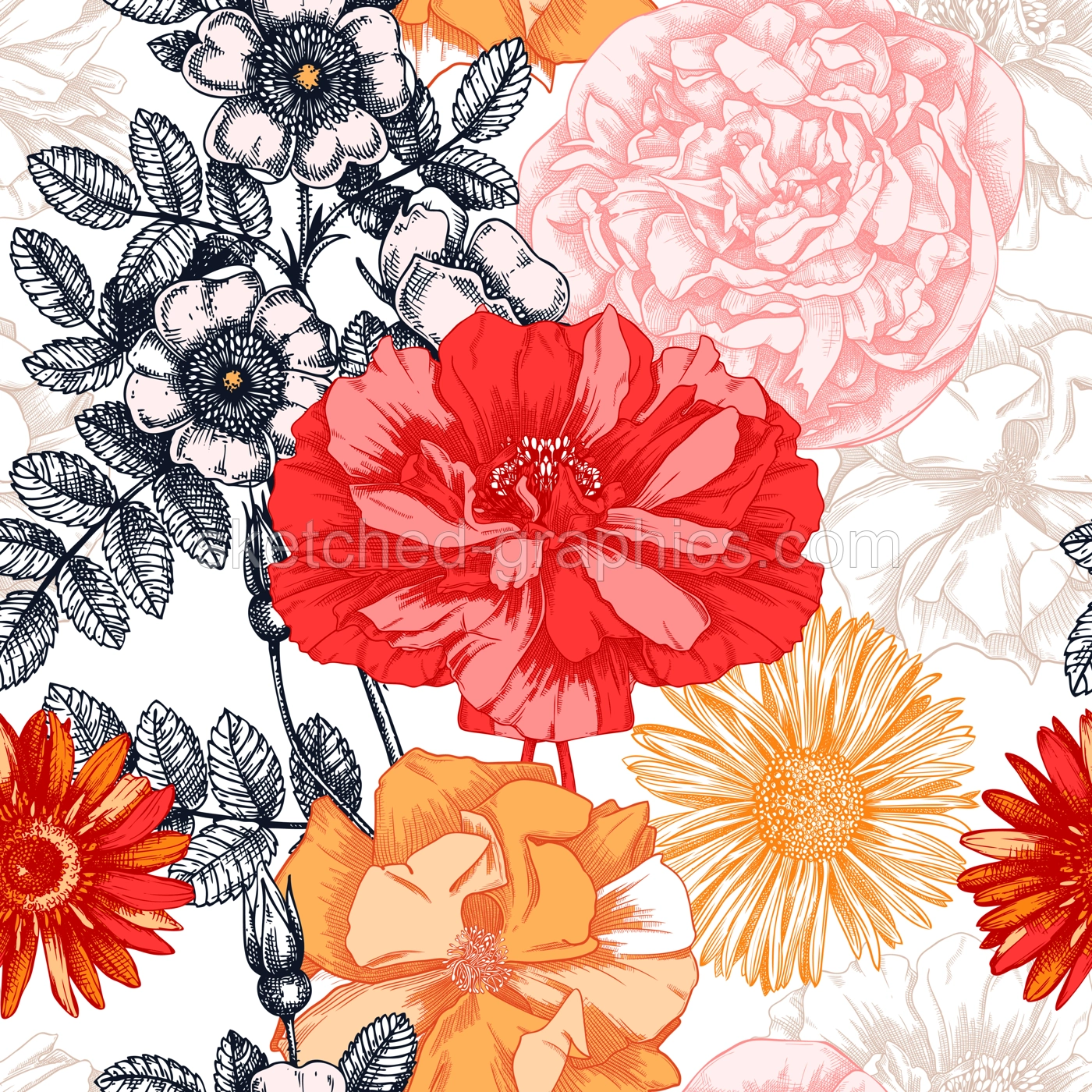 Summer flowers seamless pattern. Hand-sketched garden plants background. Perfect for greeting cards, wedding invites, banners, wrapping paper, and textile. Botanical illustration with floral sketches Illustration